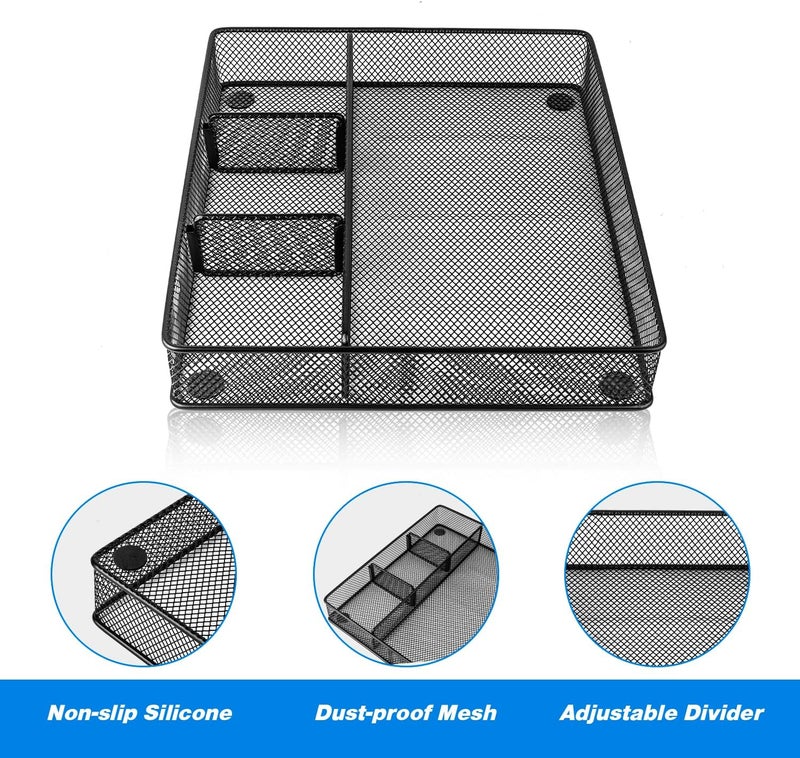 VyGrow Desk Drawer Organizer Tray, Metal Mesh Drawer Organizers Office, 4 Grid with Adjustable Compartment, Desk Organizer Tray for Home Office 12x10.6x1.9 inch Black, 2 Pack - Image 3